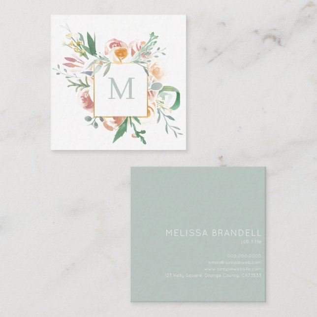 Soft Watercolor Floral Monogram  Square Business Card (Front/Back)