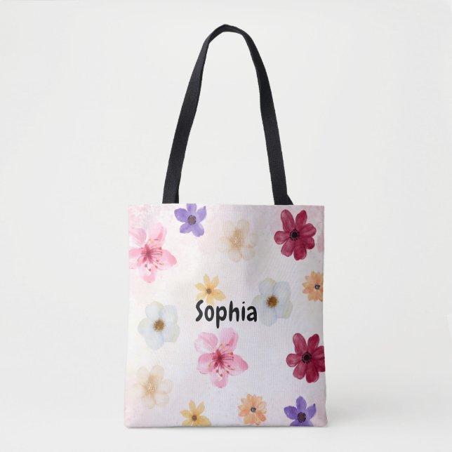 Soft Watercolor Floral Personalized Name Tote Bag (Front)