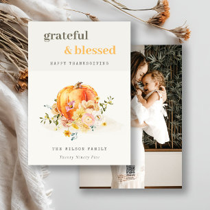 Soft Watercolor Floral Photo Pumpkin Thanksgiving Holiday Card