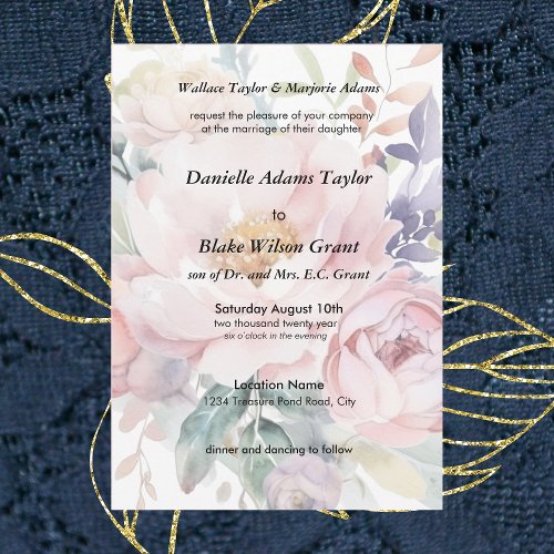 Soft Watercolor Floral Pink Purple Parents Wedding Invitation