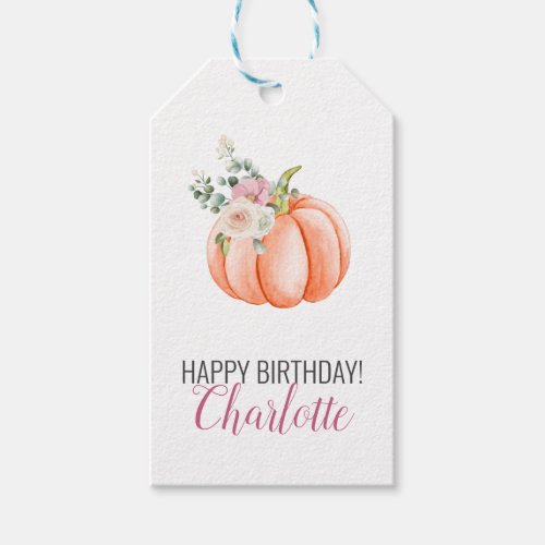 Soft Watercolor Floral Pumpkin Birthday Gift Tags