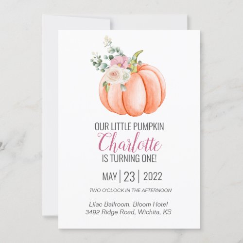 Soft Watercolor Floral Pumpkin Birthday  Invitation