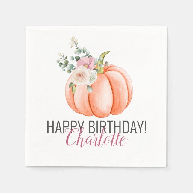 Soft Watercolor Floral Pumpkin Birthday Napkins (Front)