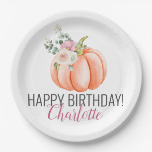 Soft Watercolor Floral Pumpkin Birthday Paper Plates