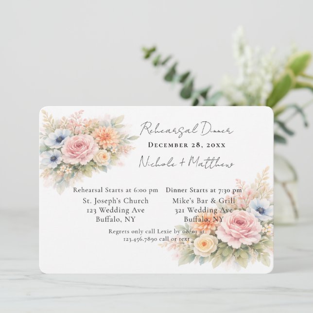 Soft Watercolor Floral Rehearsal Dinner Invitation (Standing Front)