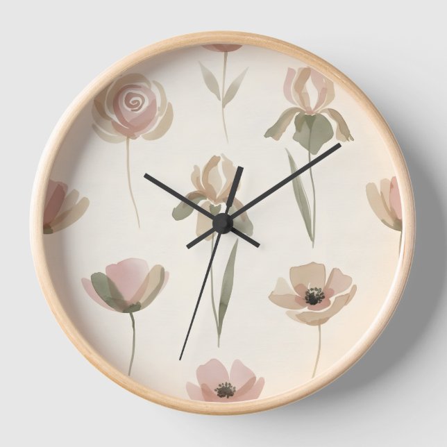 Soft Watercolor Floral Wall Clock (Front)