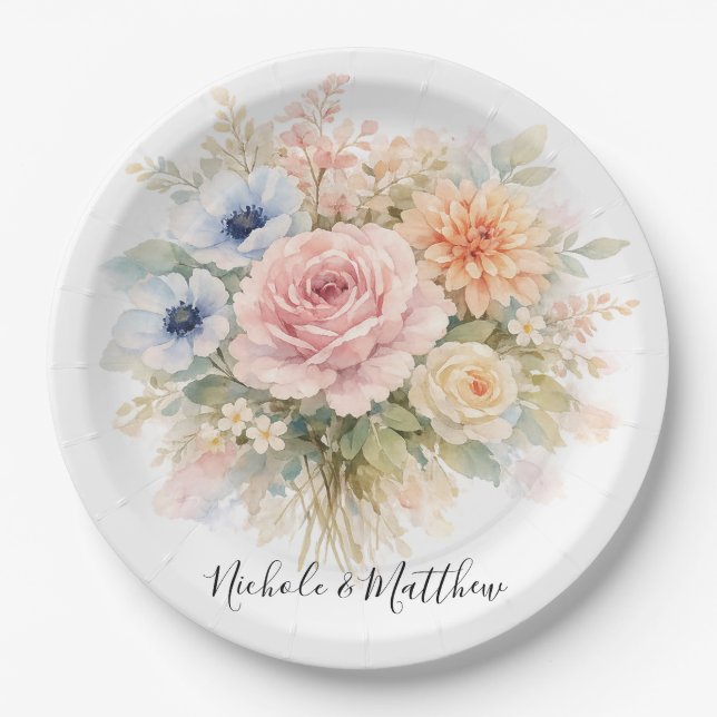 Soft Watercolor Floral Wedding Paper Plates (Front)