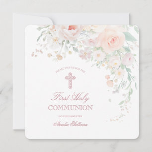 Soft Watercolor Flowers First Communion Mini Invitation