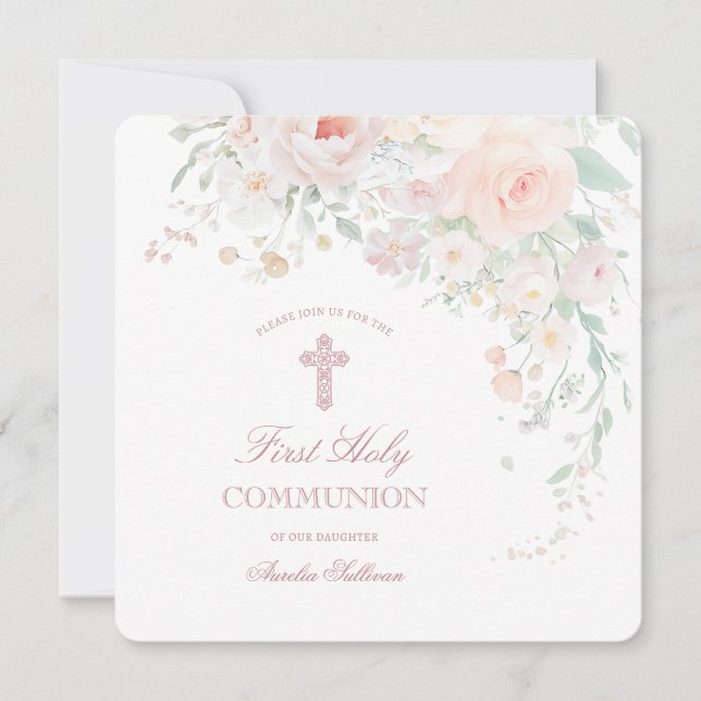 Soft Watercolor Flowers First Communion Mini Invitation (Front)