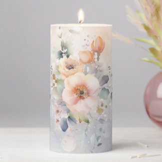 Soft Watercolor Flowers Pillar Candle