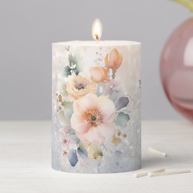Soft Watercolor Flowers Pillar Candle (In Situ)