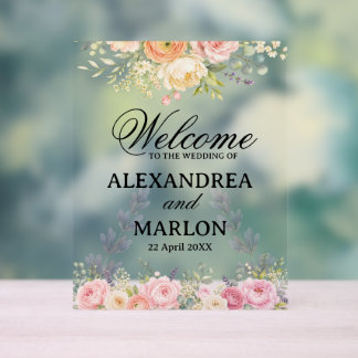 Soft Watercolor Garden Bouquet Floral Wedding Acrylic Sign
