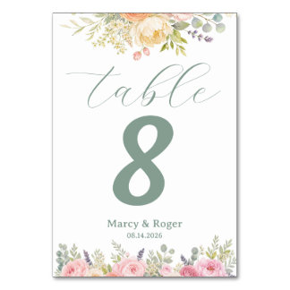 Soft Watercolor Garden Bouquet Floral Wedding Table Number