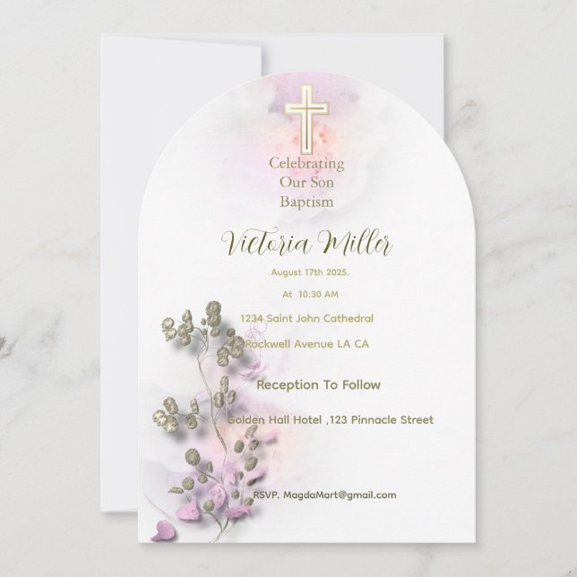 Soft watercolor & golden Cross Baptism invitation (Front)