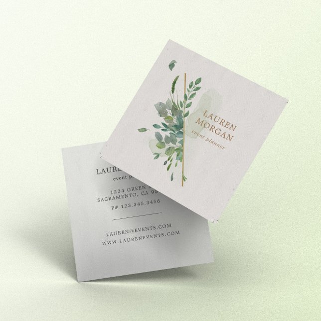 Soft Watercolor Greenery Gold Square Business Card (Creator Uploaded)