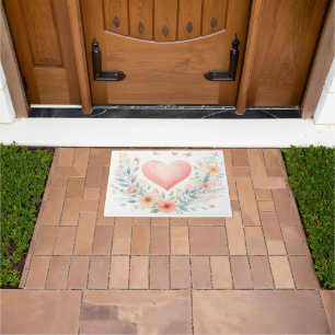 Soft Watercolor Heart Love Flowers Birds Doormat