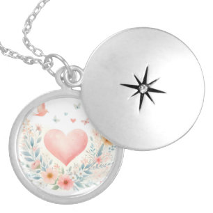 Soft Watercolor Heart Love Flowers Birds Locket Necklace