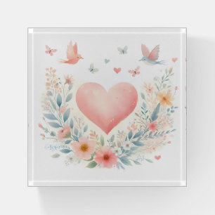 Soft Watercolor Heart Love Flowers Birds Paperweight