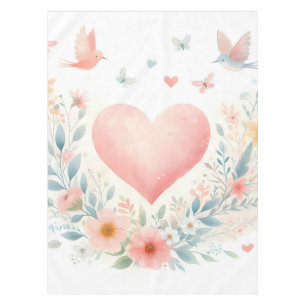 Soft Watercolor Heart Love Flowers Birds Tablecloth