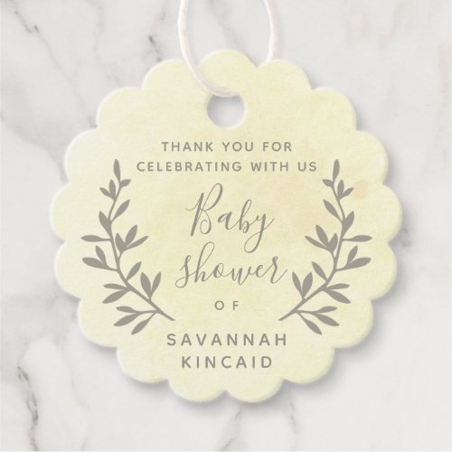 Soft watercolor laurel baby shower thank you favor tags