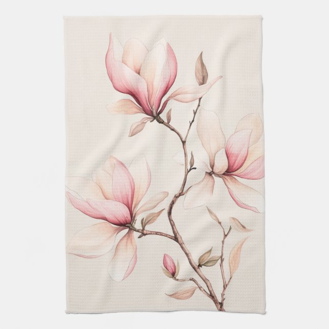 Soft Watercolor Magnolia Blooms Elegant  Kitchen Towel (Vertical)