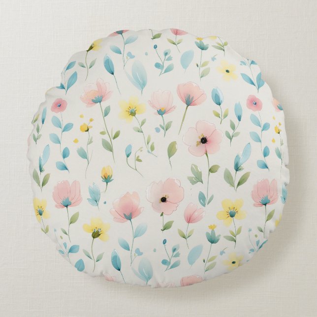 soft watercolor meadow blossoms round pillow (Front)