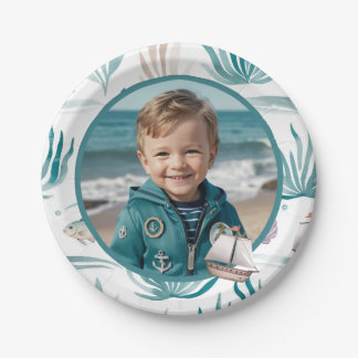 Soft Watercolor Ocean Photo Kids Birthday Paper Plates