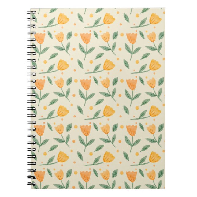 Soft Watercolor Orange Wildflower Seamless Pattern Notebook (Front)