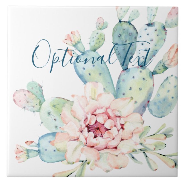 Soft Watercolor Pastel Blooming Cactus  Ceramic Tile (Front)