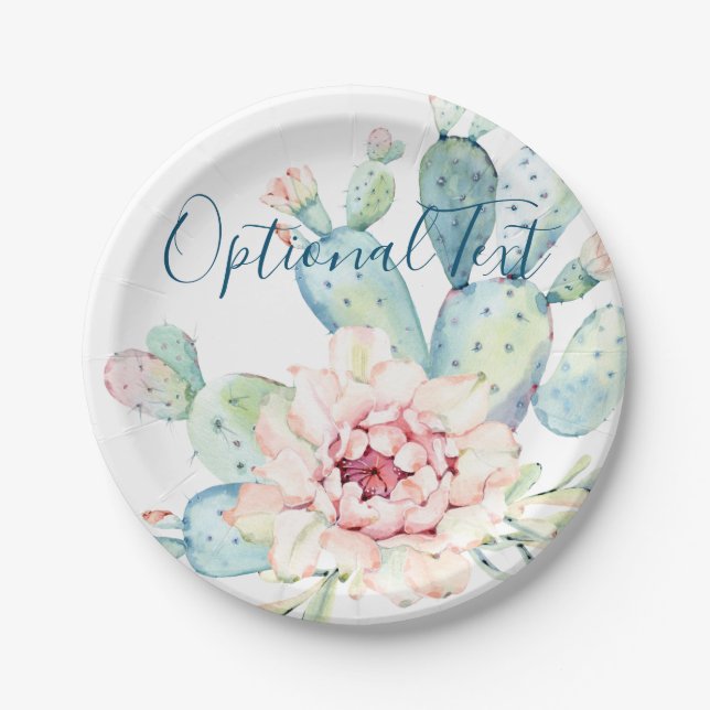 Soft Watercolor Pastel Blooming Cactus  Paper Plates (Front)