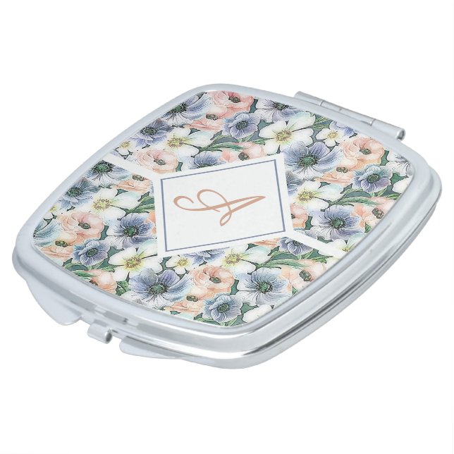 Soft watercolor pastel floral monogram  compact mirror (Turned)