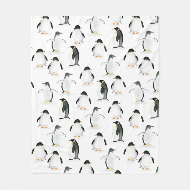 Soft Watercolor Penguin Fleece Throw Blanket (Front)