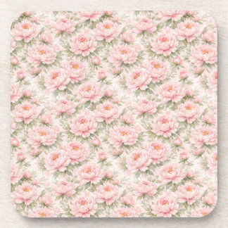 Soft Watercolor Peony Floral Seamless Pattern Beverage Coaster