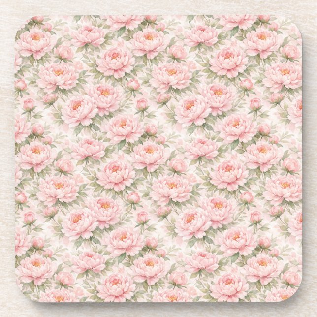 Soft Watercolor Peony Floral Seamless Pattern Beverage Coaster (Front)