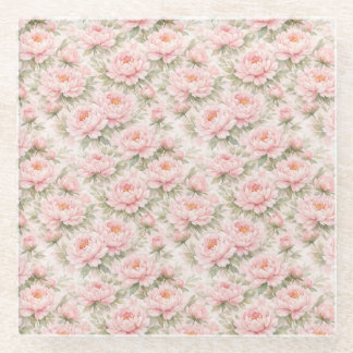 Soft Watercolor Peony Floral Seamless Pattern Glass Coaster