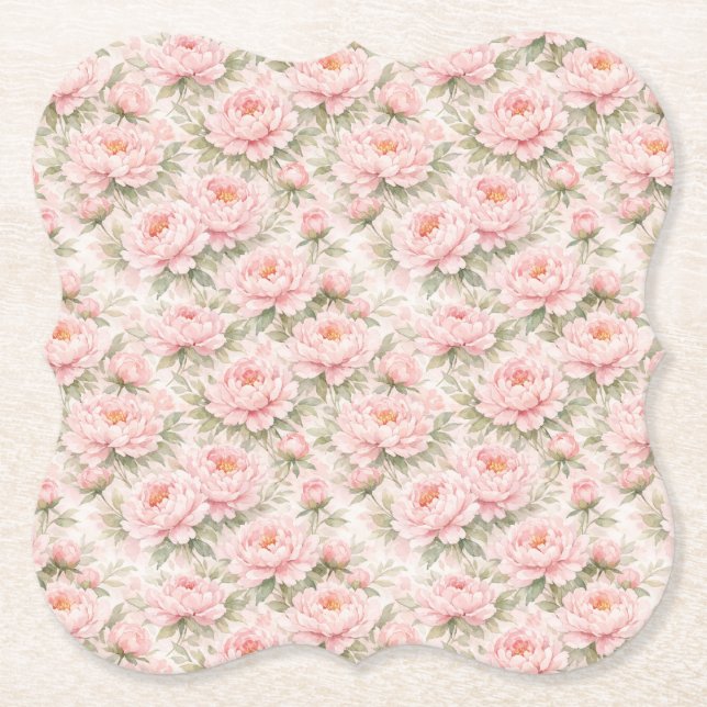 Soft Watercolor Peony Floral Seamless Pattern Paper Coaster (Front)
