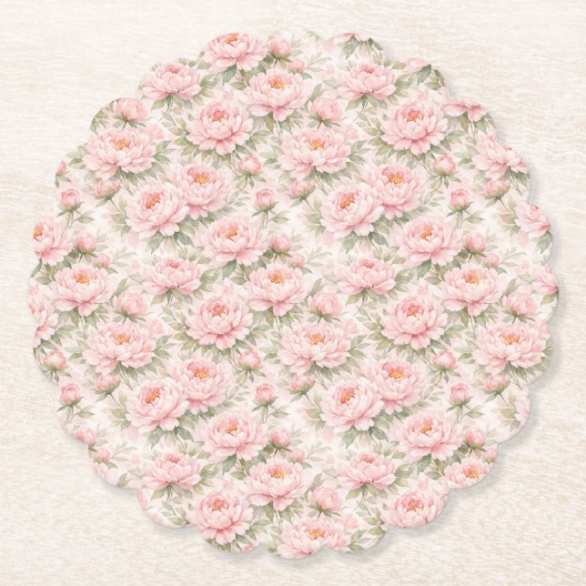Soft Watercolor Peony Floral Seamless Pattern Paper Coaster (Front)