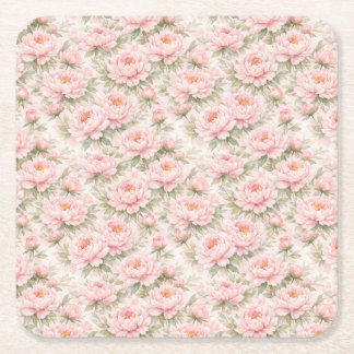 Soft Watercolor Peony Floral Seamless Pattern Square Paper Coaster