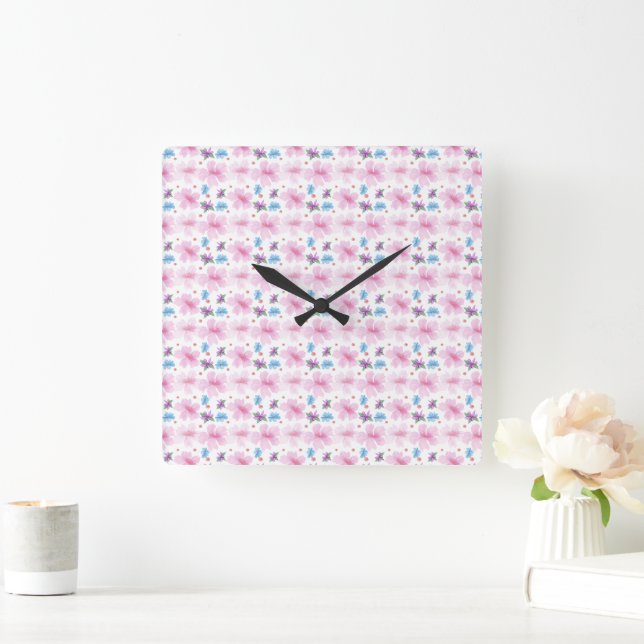 Soft Watercolor Pink Floral Pattern  Square Wall Clock (Home)