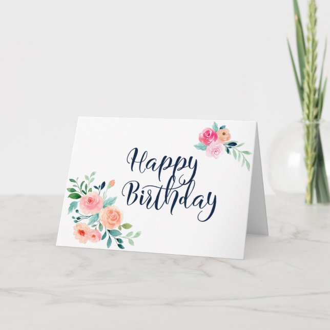 Soft Watercolor Rose Design Blank Birthday Card (Front)