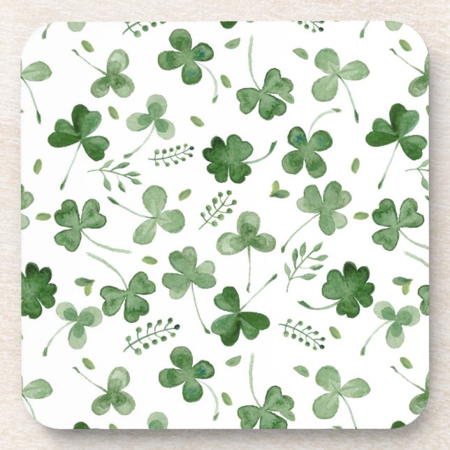 Soft Watercolor Shamrock Pattern Beverage Coaster (Front)