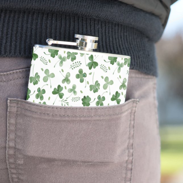 Soft Watercolor Shamrock Pattern Flask (In Situ)