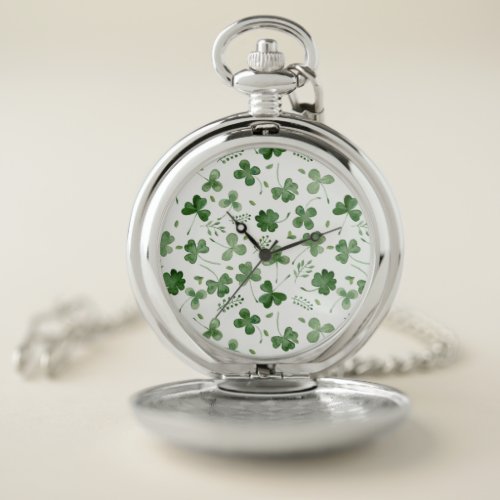 Soft Watercolor Shamrock Pattern Pocket Watch