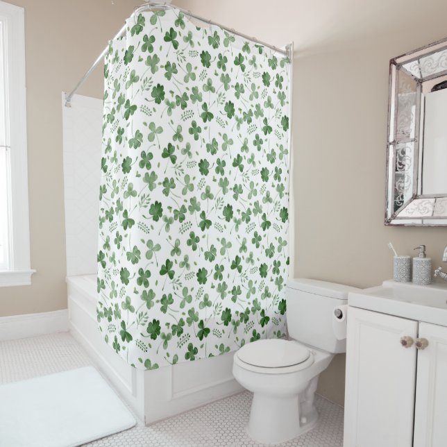 Soft Watercolor Shamrock Pattern Shower Curtain (In Situ)