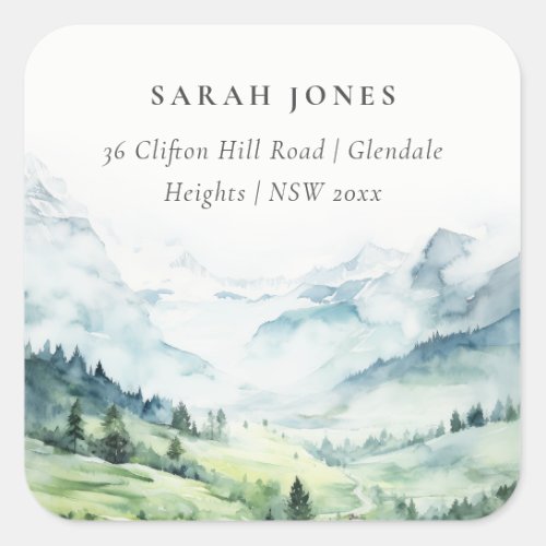 Soft Watercolor Snow Mountain Landscape Address Square Sticker