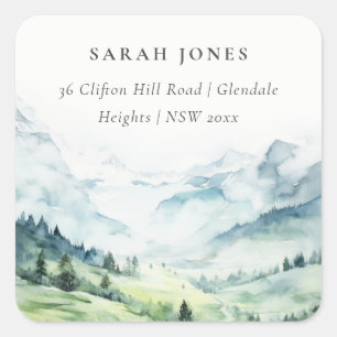 Soft Watercolor Snow Mountain Landscape Address Square Sticker