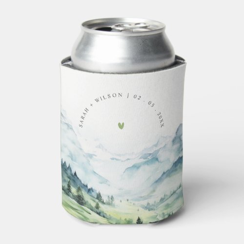 Soft Watercolor Snow Mountain Landscape Wedding Can Cooler