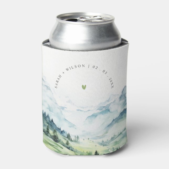 Soft Watercolor Snow Mountain Landscape Wedding Can Cooler (Can Front)