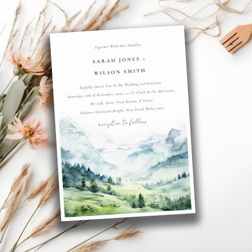 Soft Watercolor Snow Mountain Landscape Wedding Invitation