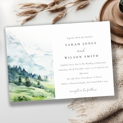 Soft Watercolor Snow Mountain Landscape Wedding Invitation